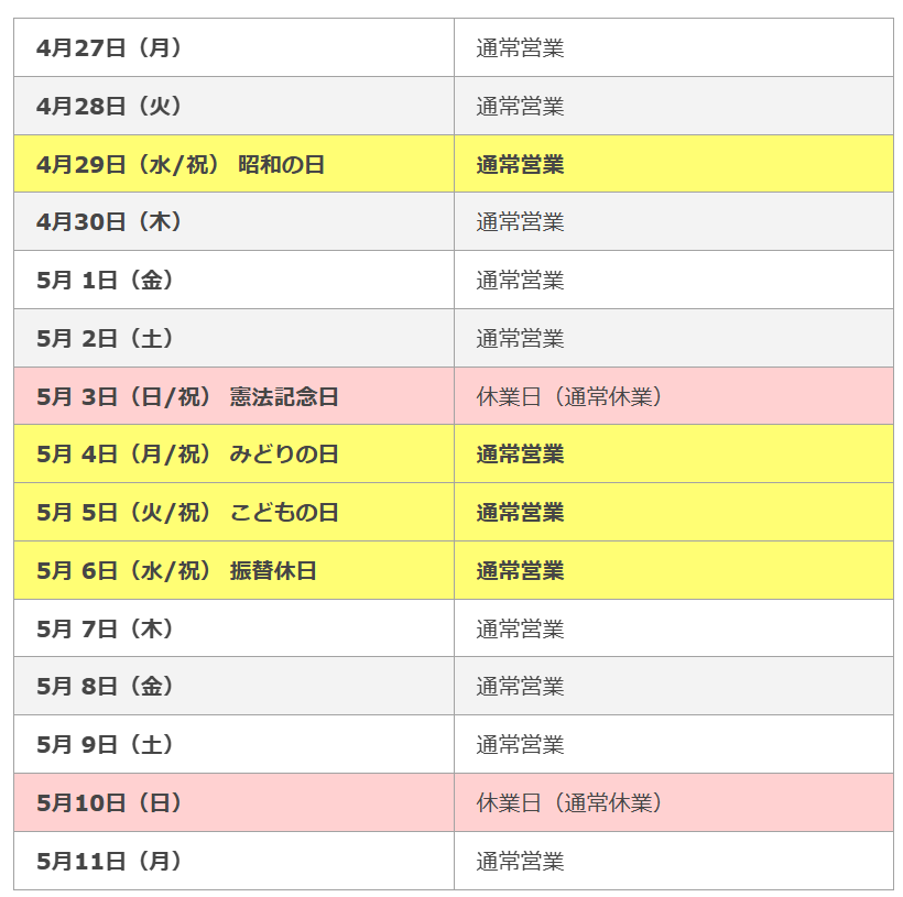 2026年ゴールデンウィークカレンダー